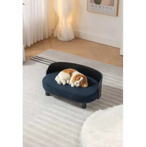 Scandinavian Style Elevated Dog Bed Pet Sofa With Solid Wood Legs And Bent Wood Back, Velvet Cushion, Dark Blue